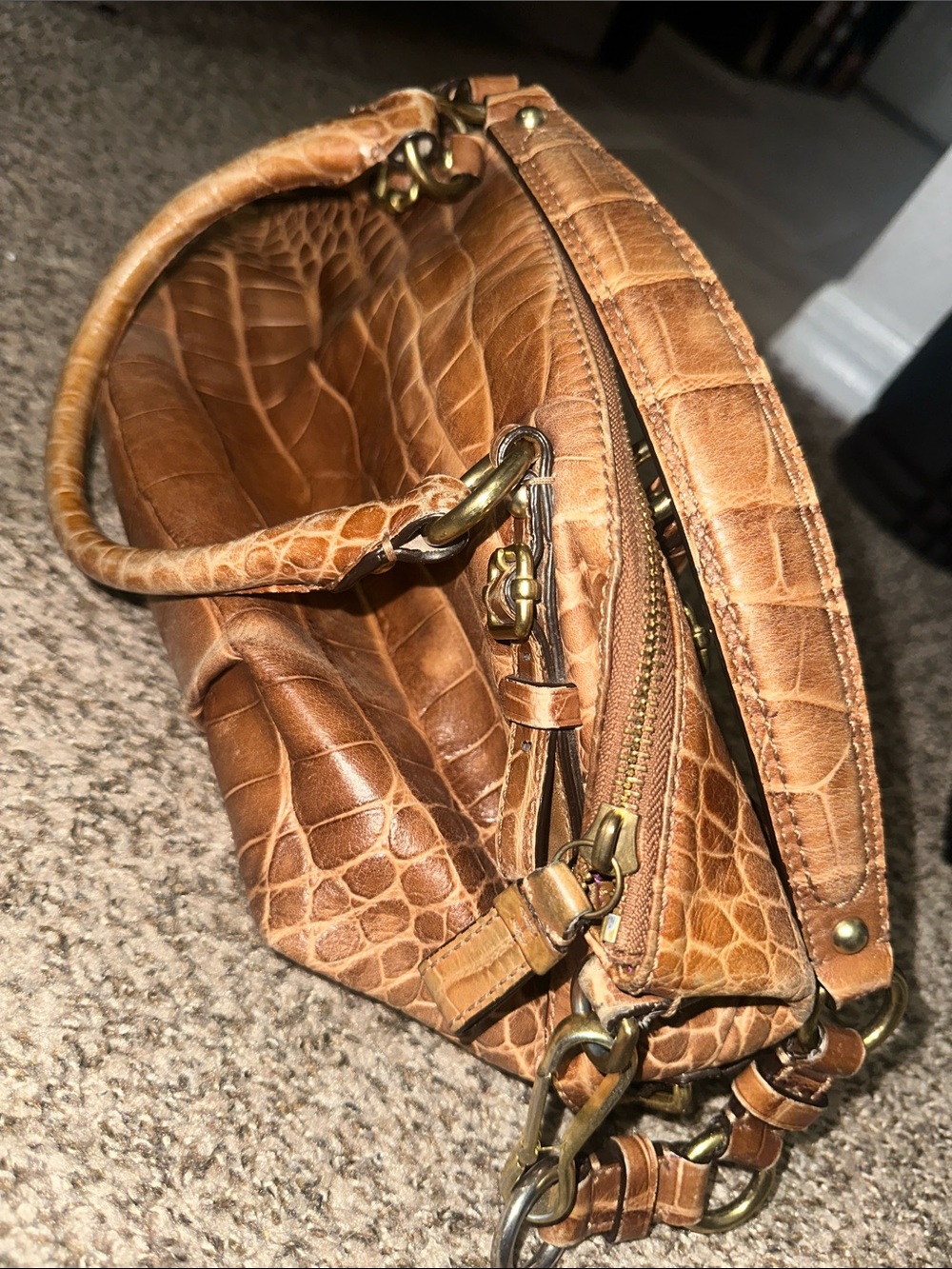 Coach Brown Croc-Embossed Leather Satchel with Gold Hardware - Picture 15 of 16